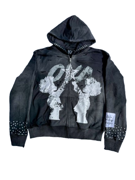 OVA Stardust Distressed Zip Hoodie Black